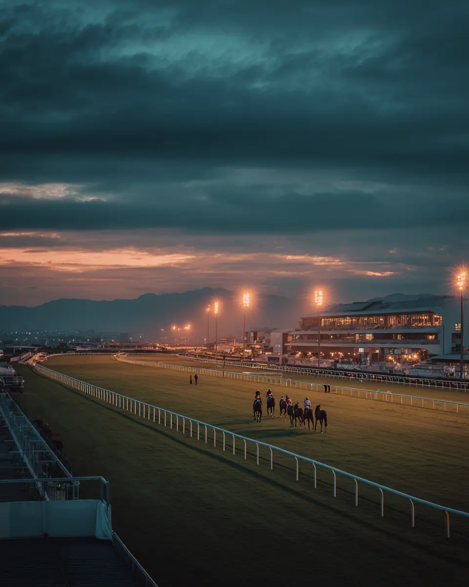 Floodlit twilight at Fairview, with horses on the home stretch and the grandstand lit up against the sky